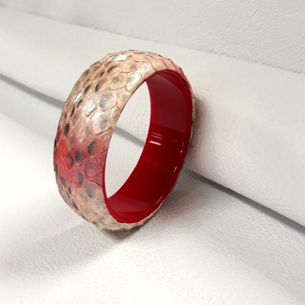 Hand Painted/ Python Snakeskin Chunky Bangle Bracelet / Pink/ Red